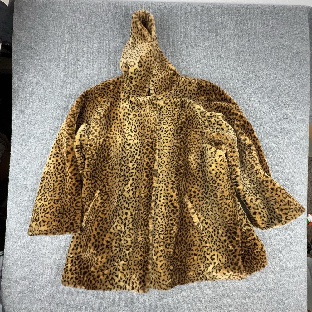 Dennis Basso Coat Womens Large Brown Faux Fur Leopard Hooded Lined Mid Length